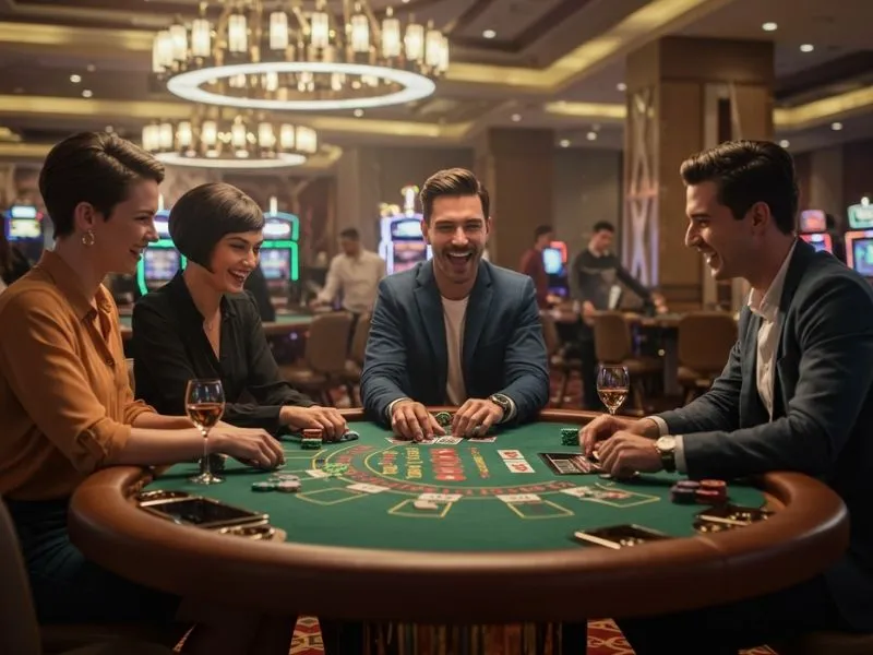 Friends enjoying an exciting poker game together at 100jili online casino platform.