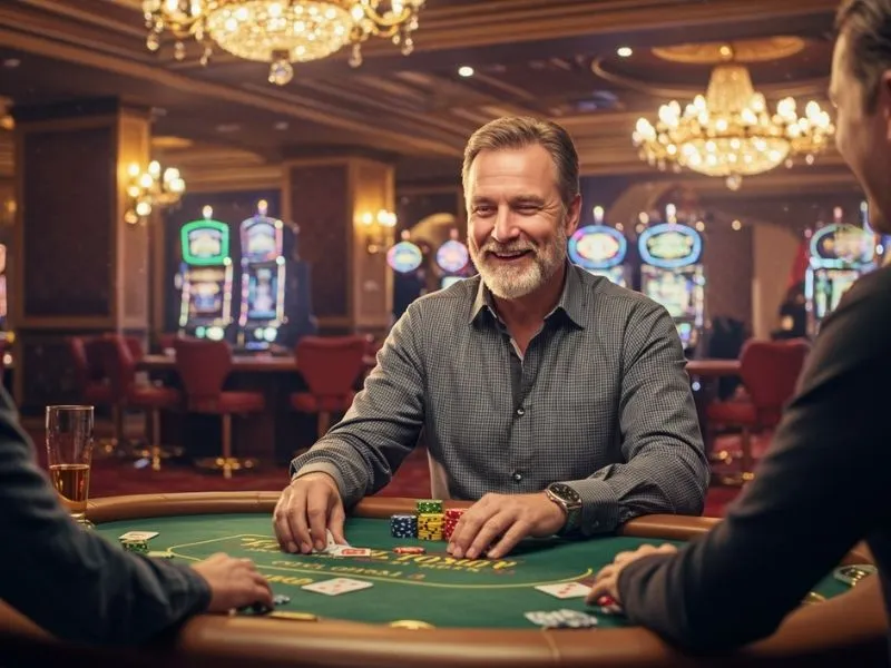 Man playing poker at 100jili online casino table
