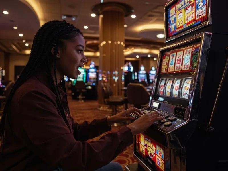 A young Filipina enjoying an online slot machine, representing the pambansang laro ng Pilipinas and modern Pinoy gaming culture.