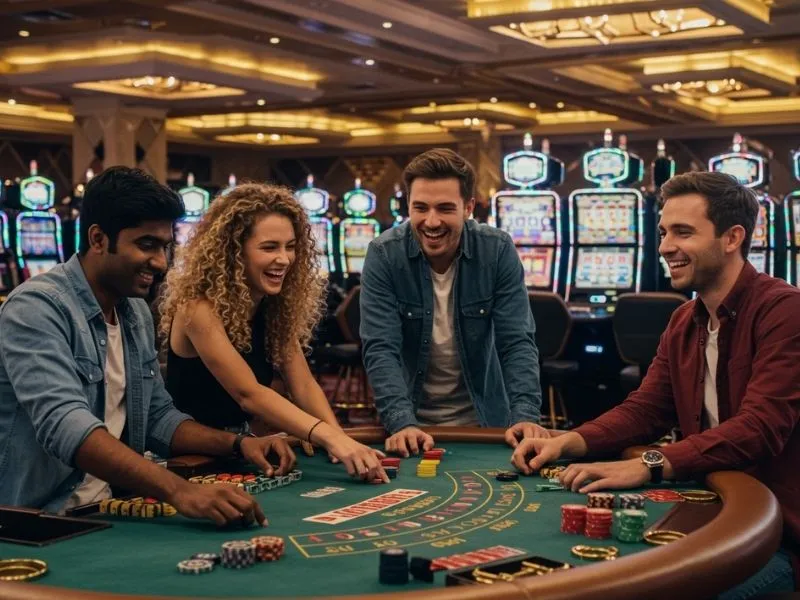 Friends enjoying poker game at sg777 online casino platform