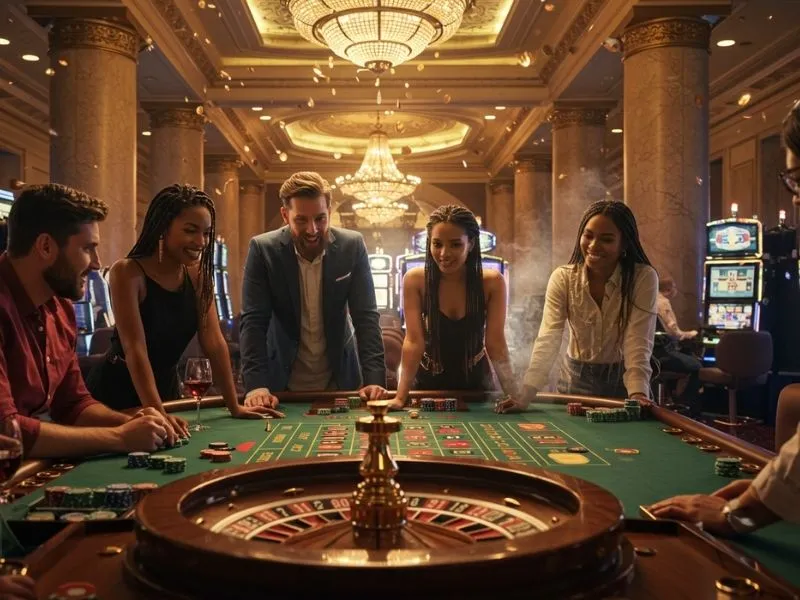 Friends enjoying roulette game at sg777 online casino platform.