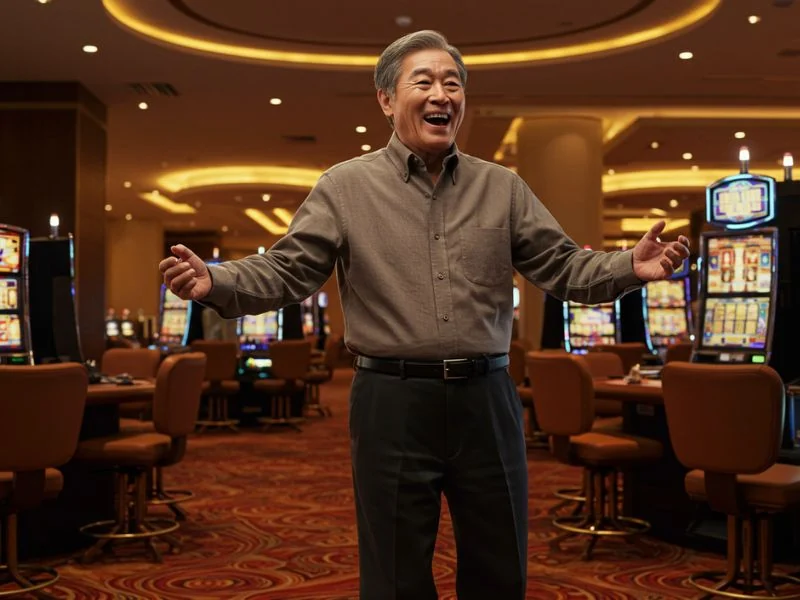 Happy elderly man excited to play and win at bonus $365 free $200 online casino