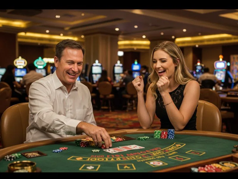 Happy man and woman enjoying online gaming with bonus $365 free $200 offer