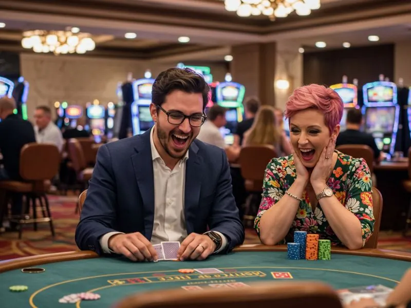 Happy man and woman playing cards online with excitement using Bonus 365 login register