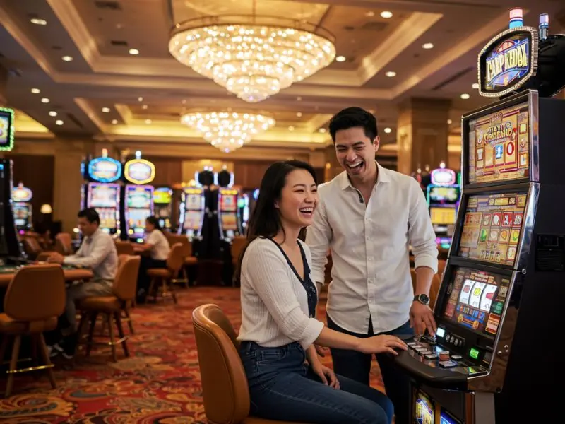 Happy man and woman enjoying online slots together on their devices with excitement, representing Bonus 365 login register.