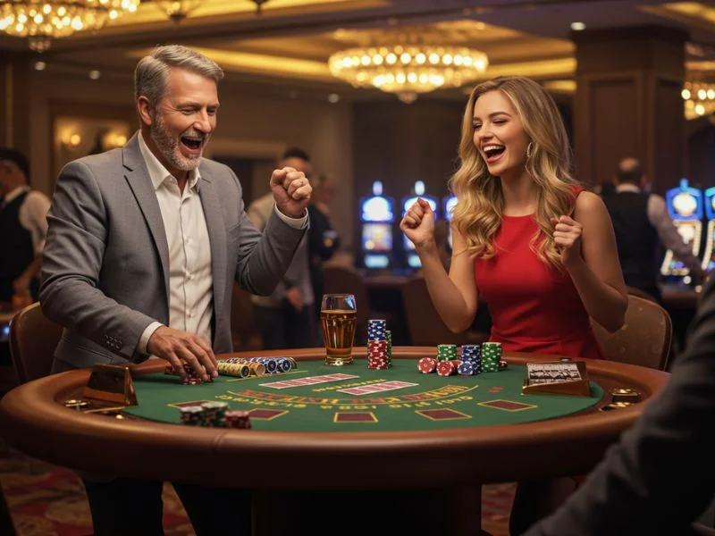 Happy man and woman celebrating their winnings on a computer screen, enjoying the bonus 365 login register experience.