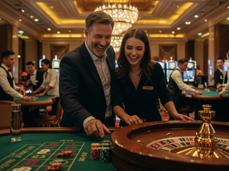 Happy man and woman enjoying online roulette while claiming their bonus 365 login register rewards