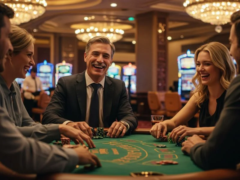 Business friends enjoying games and winnings at bonus 365 online casino