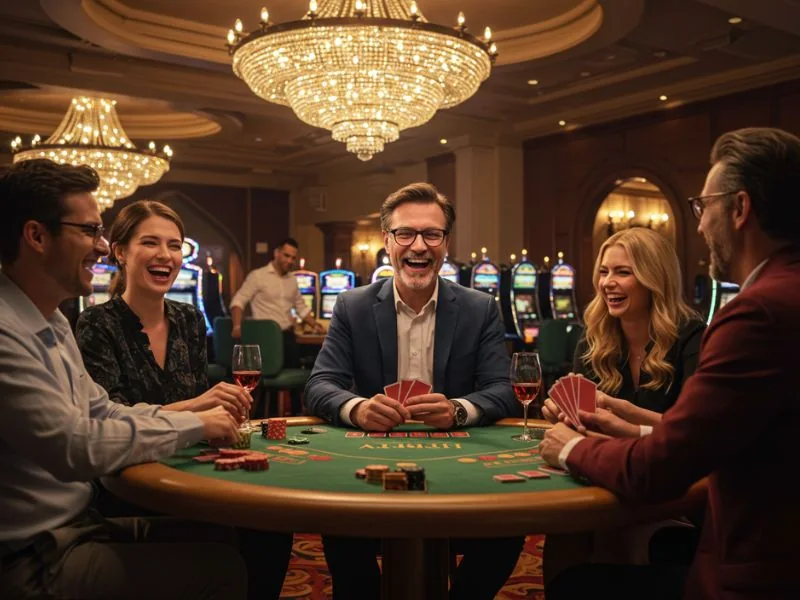 Happy colleague enjoying online gaming experience at bonus 365 online casino