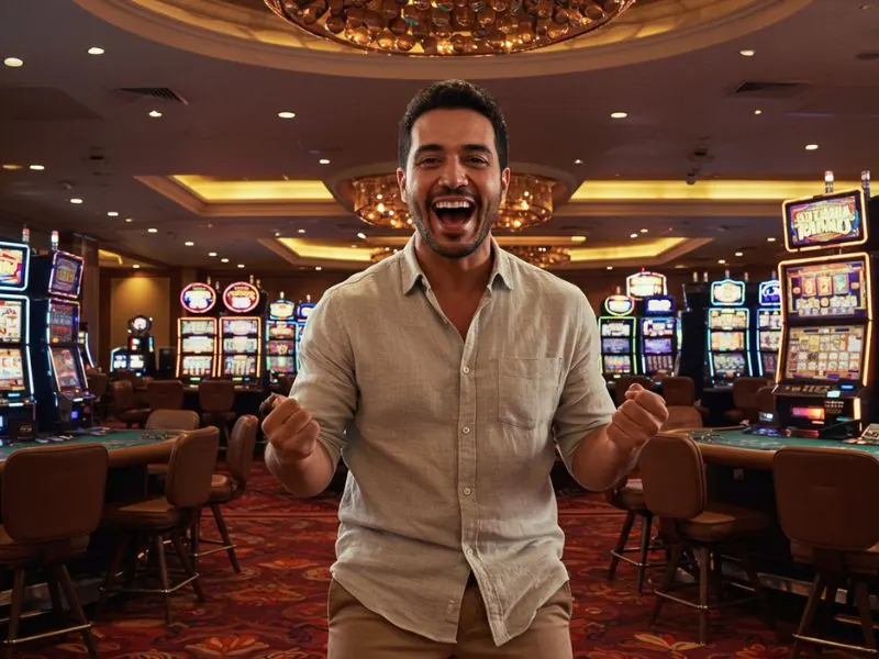 Happy man cheering for his winning moment at bonus 365 online casino