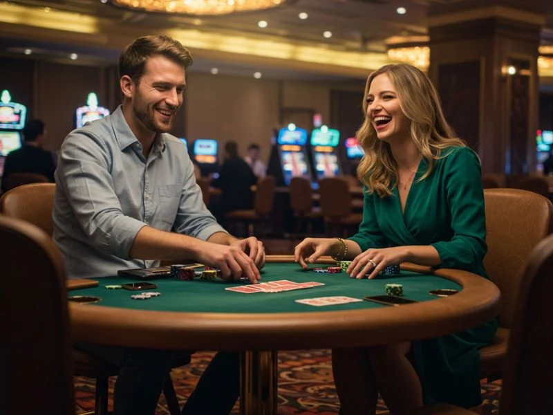 Happy couple playing online casino games while using cherry gold casino no deposit bonus codes