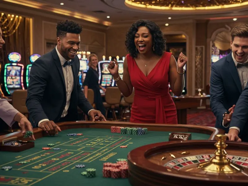 Happy woman celebrating a big win while using cherry gold casino no deposit bonus codes