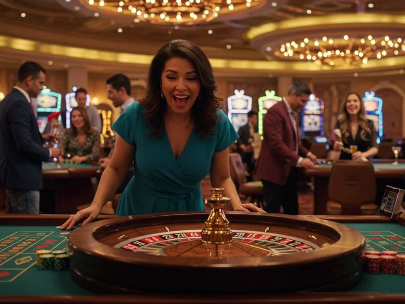 Happy woman enjoying a game of roulette while using cherry gold casino no deposit bonus codes