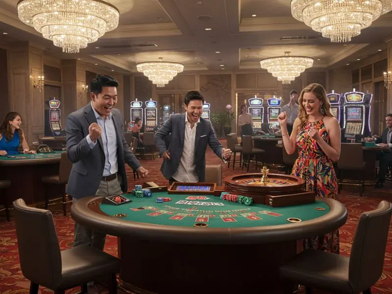 Happy friends enjoying a game of roulette while using Energy Casino No Deposit Bonus