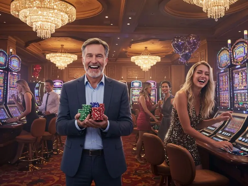Happy man gleefully holding his winning chips after using Energy Casino No Deposit Bonus