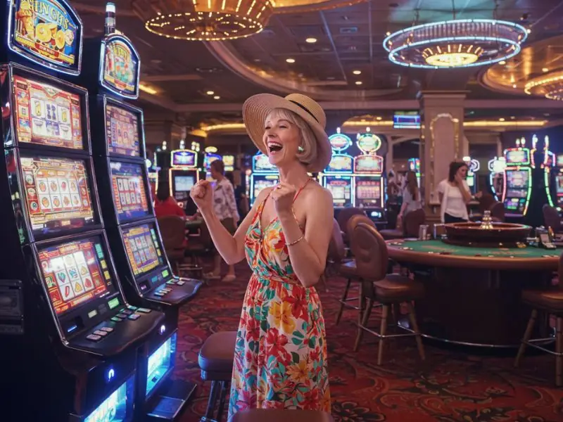 Happy woman gleefully cheering while playing casino slots with Energy Casino No Deposit Bonus