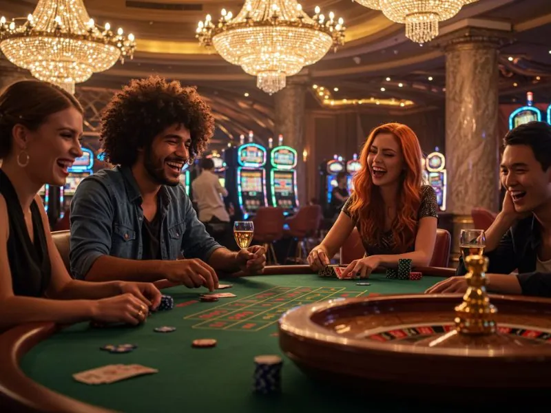 Happy group of friends celebrating their big win using the PH365 free bonus at an online casino.