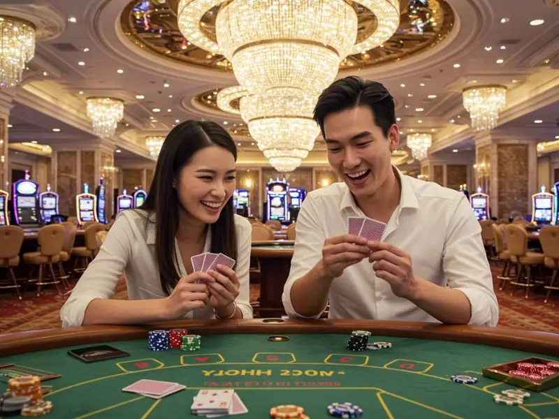 Cute couple happily playing cards after claiming their ph365 log in to receive 1999 bonus reward.