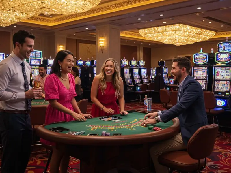 Happy friends enjoying a card game together while claiming Spintastic Casino Bonus