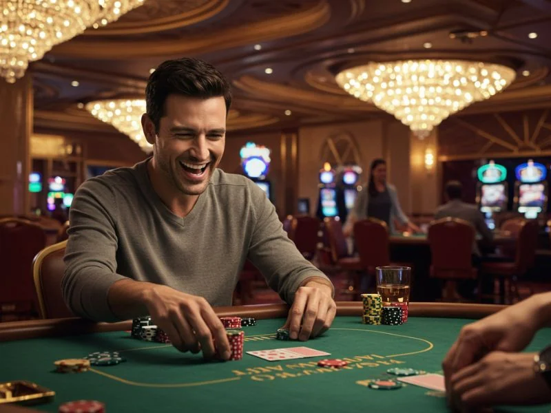 Happy man playing casino games excitedly while using Spintastic Casino Bonus