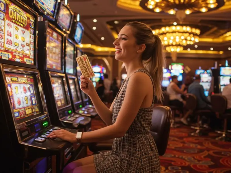 Happy pretty woman holding her winning ticket while claiming Spintastic Casino Bonus