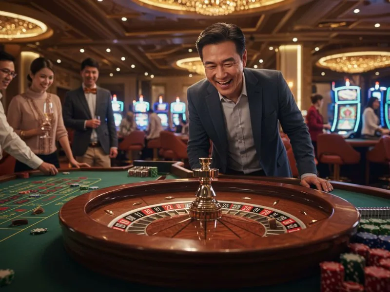 Man gleefully playing roulette while using Spintastic Casino Bonus