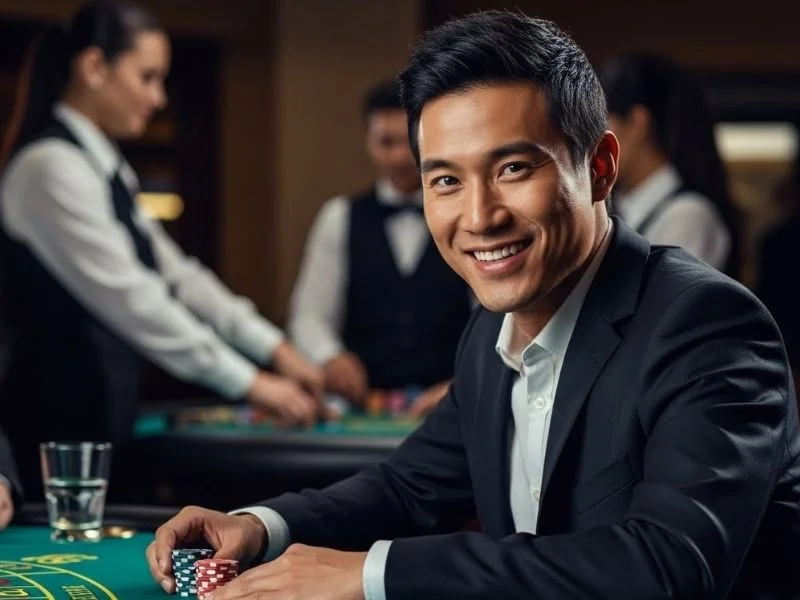 Cheerful man enjoying table games at a casino, representing bonus 365 online casino experience.