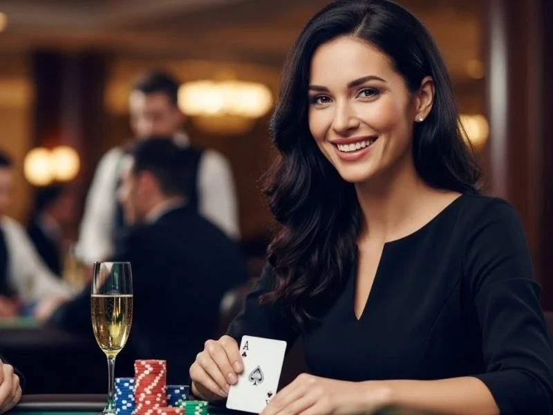 Smiling woman enjoying a poker game at a casino table, experiencing the thrill of Bonus 365 Online Casino.