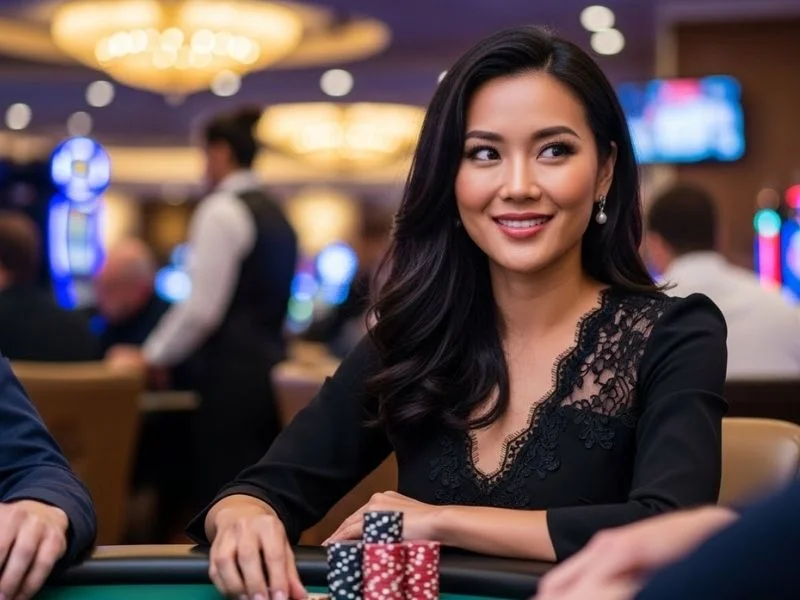 Smiling woman enjoying a game at a casino table with chips, representing Bonus 365 Online Casino experience