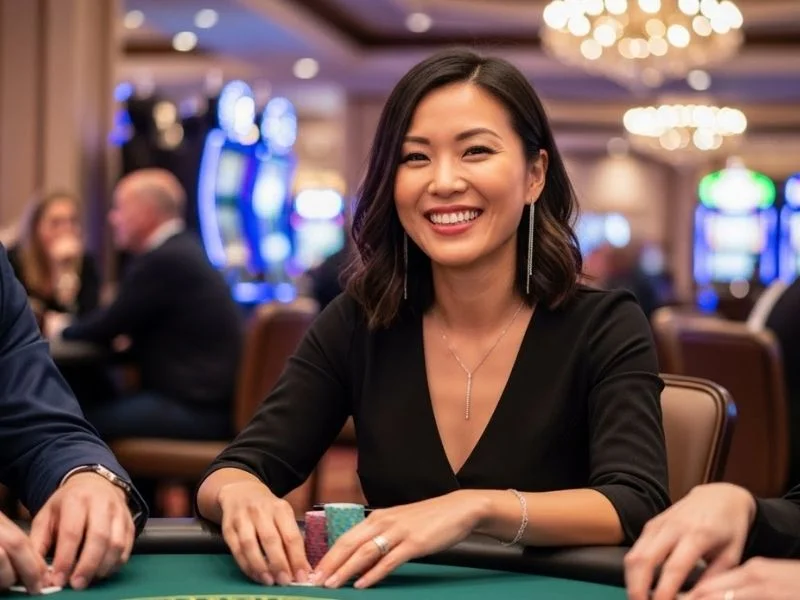 Woman smiling with a stack of casino chips in front of her, enjoying a game at a physical casino, promoting Free 100 Jili online casino.