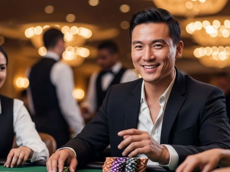Man happily placing betting chips at a casino table, enjoying the excitement of gaming with Free 100 Jili.