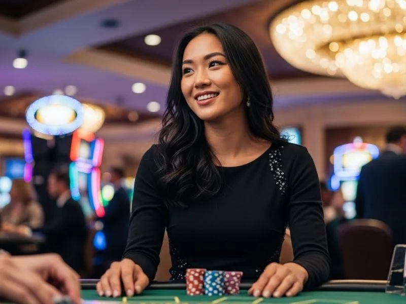 Woman smiling happily while playing a casino table game, enjoying her time at a physical casino, representing the excitement of Free 100 Jili.
