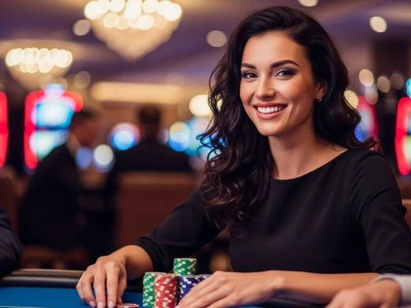 Woman smiling while holding a stack of casino chips at a table, enjoying her gaming experience with Free 100 Jili.