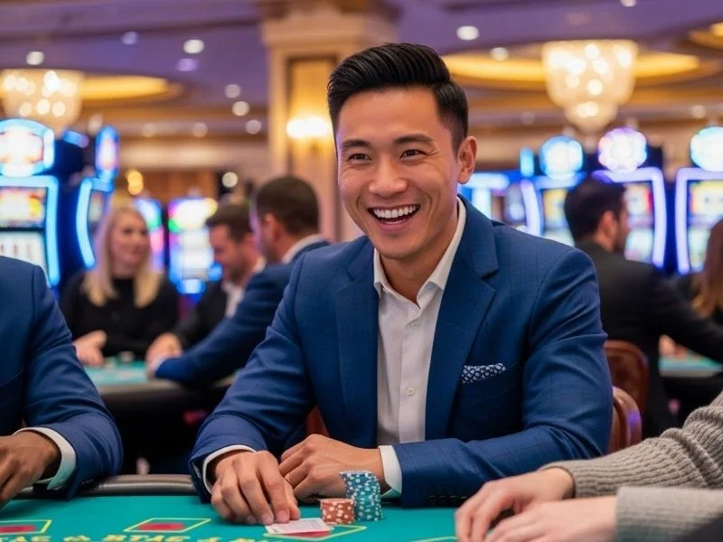 Man smiling brightly while playing poker at a physical casino, enjoying the free 100 sign up promotion.
