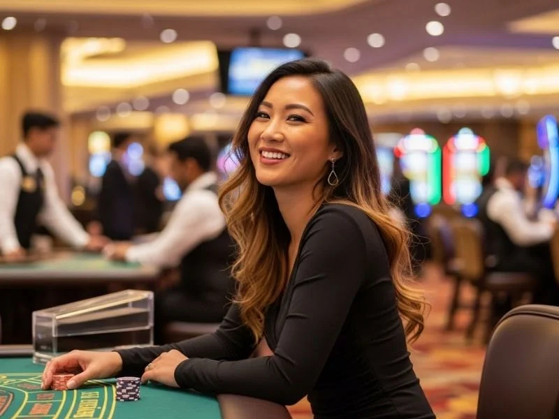Woman smiling while playing baccarat at a casino table, enjoying her experience with free 100 sign up.