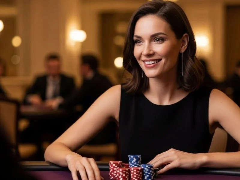 Woman smiling and enjoying table games at a casino, representing Free 100 Sign Up online casino experience.