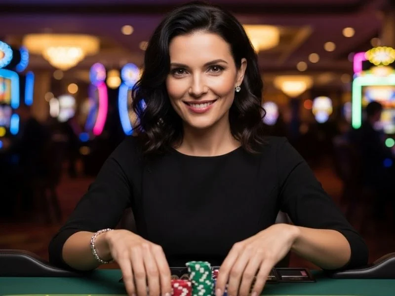 Woman happily showing her casino chips on a table while enjoying a physical casino game, promoting free 100 sign up online casino.