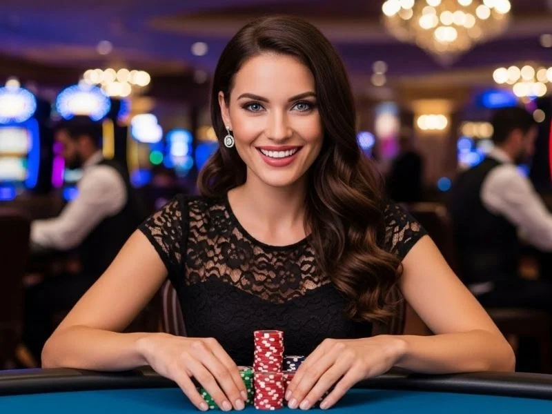 Woman happily playing at a casino table with a pile of chips, enjoying the excitement of a free credit casino experience.