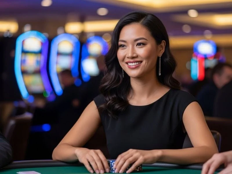 Woman smiling while playing baccarat at a casino table, enjoying her time at a physical casino