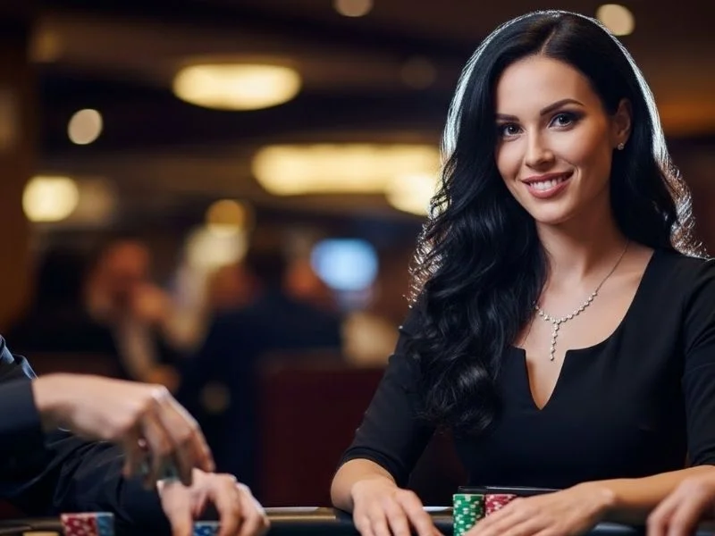 Cheerful woman playing table games in a physical casino, smiling while enjoying the vibrant atmosphere for a free sign up bonus casino theme.