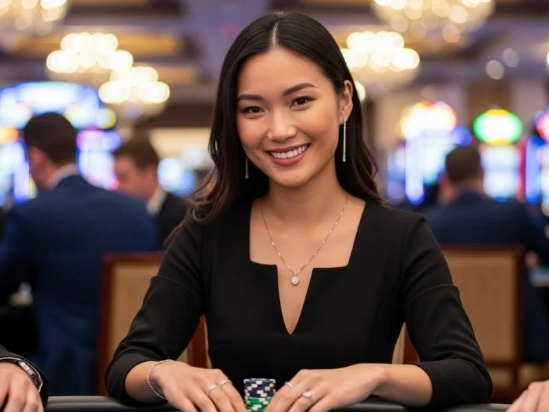 Female player happily showing casino chips on a gaming table inside a physical casino for the Free Sign Up Bonus Casino brand.