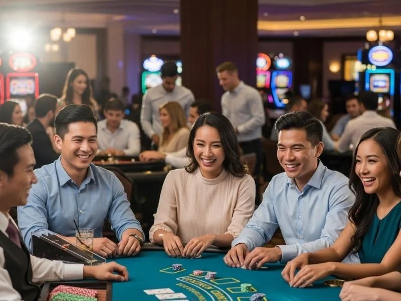 Friends happily playing table games at a casino with chips and dice, enjoying a free sign up bonus casino experience.