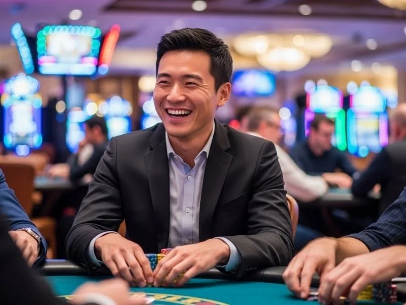 Man happily enjoying table games at a physical casino, representing the excitement of playing at a free sign up bonus casino.