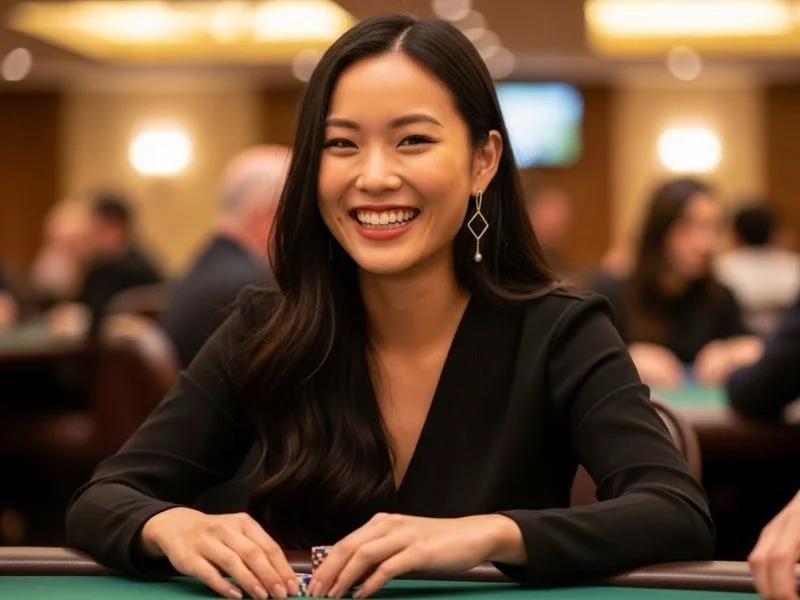Happy woman smiling with poker chips on the table at a casino, enjoying her game at Grand Eagle Casino No Deposit.