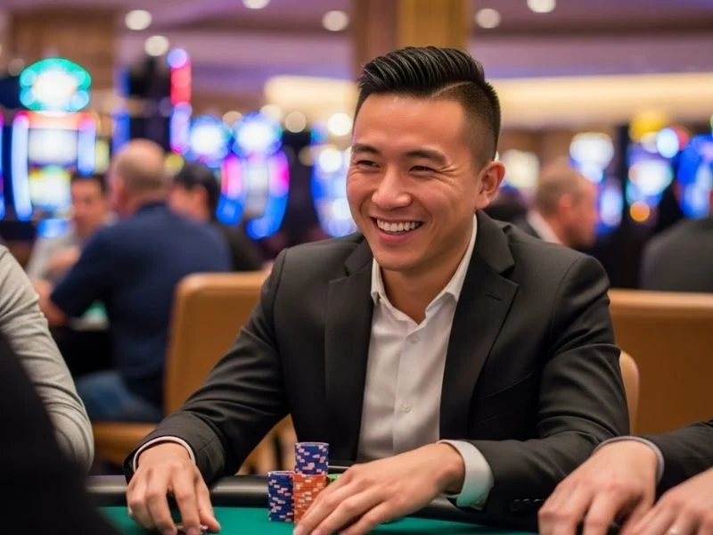 Man smiling happily while placing a poker bet at a casino table, enjoying a thrilling gaming experience at Grand Eagle Casino No Deposit.