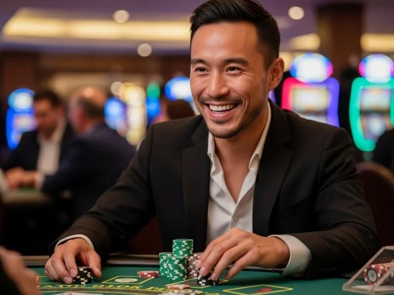 Man smiling while placing bets at a poker table in a physical casino, enjoying the excitement of Grand Eagle Casino no deposit.