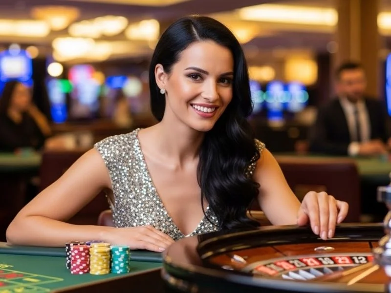 Woman happily playing roulette at a casino table, enjoying her winnings at Grand Eagle Casino No Deposit.