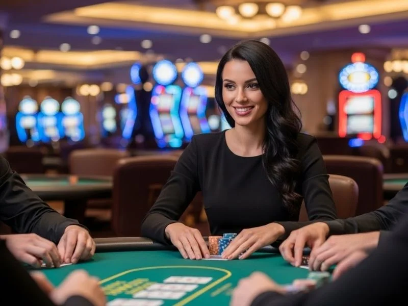 Joyful woman playing poker at a physical casino, enjoying her time at a legit online casino no deposit.