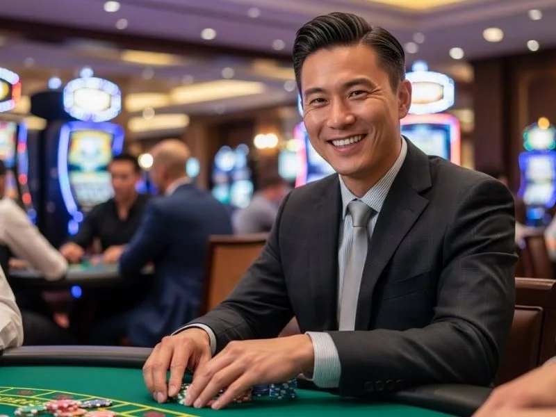 Man happily resting his hands on casino chips at a physical table, enjoying a legit online casino no deposit experience.