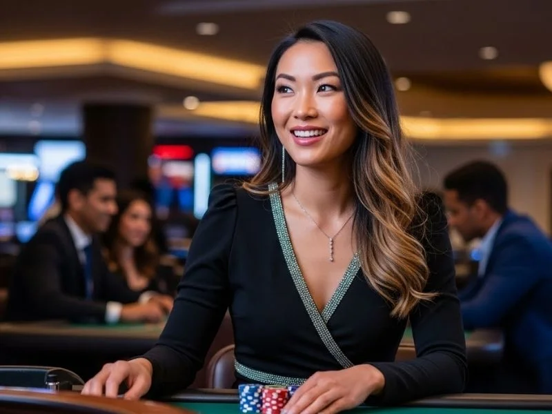Woman smiling while playing roulette at a physical casino, enjoying her time at a legit online casino no deposit.